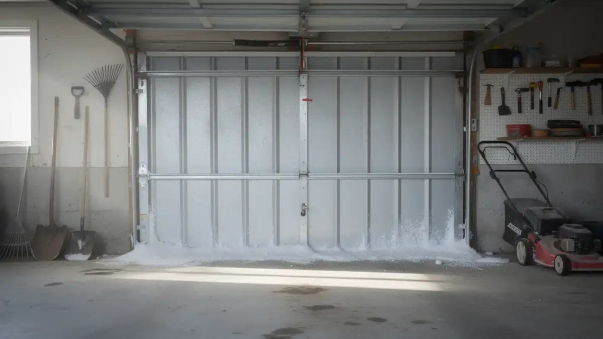 The garage door is closed with snow accumulated at the bottom.