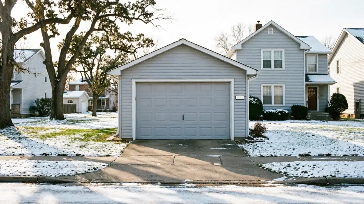 A light gray detached garage with a closed door sits in a snowy yard.