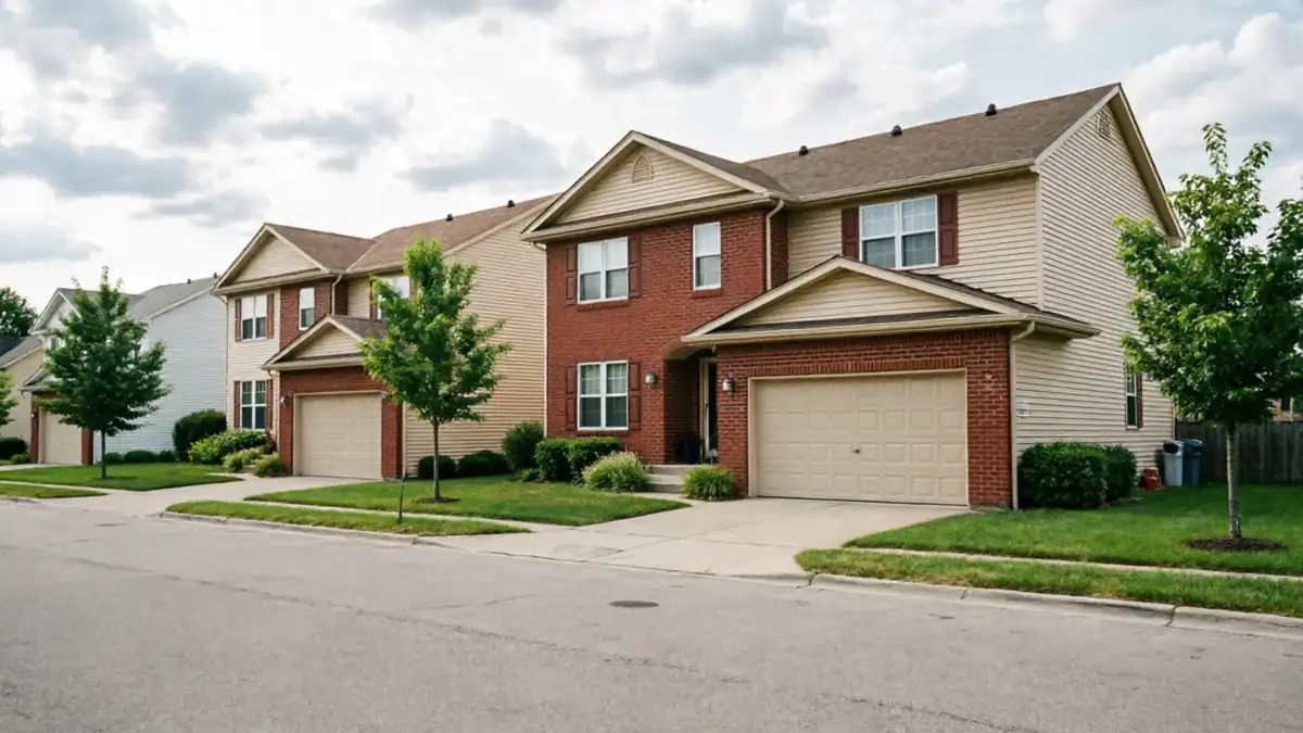 A row of suburban houses with attached garages and green lawns lines a street.
